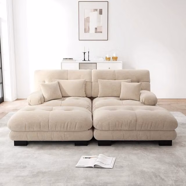 Divano Angolare Minimal in Chenille Tortora Chiaro con Ottoman e Cuscini