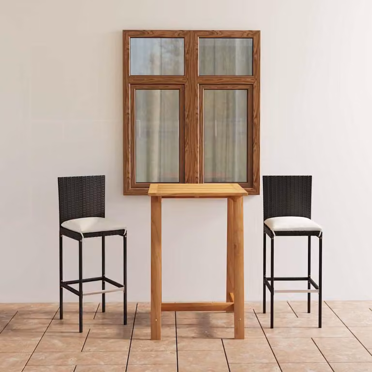 Set Bar da Giardino vidaXL in Legno di Acacia e Polyrattan con Cuscini Nero e Beige