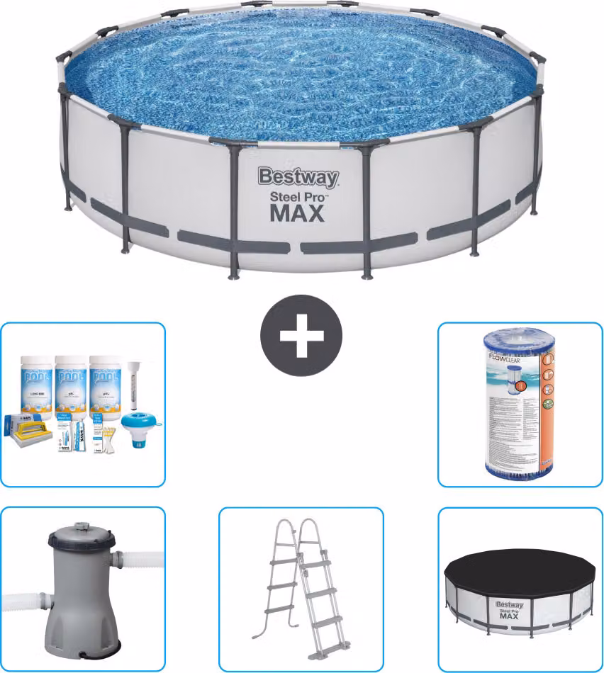 Piscina Bestway Round Steel Pro MAX - 427 x 107 cm - grigio - inclusa pompa - scala - copertura pacchetto manutenzione - filtro