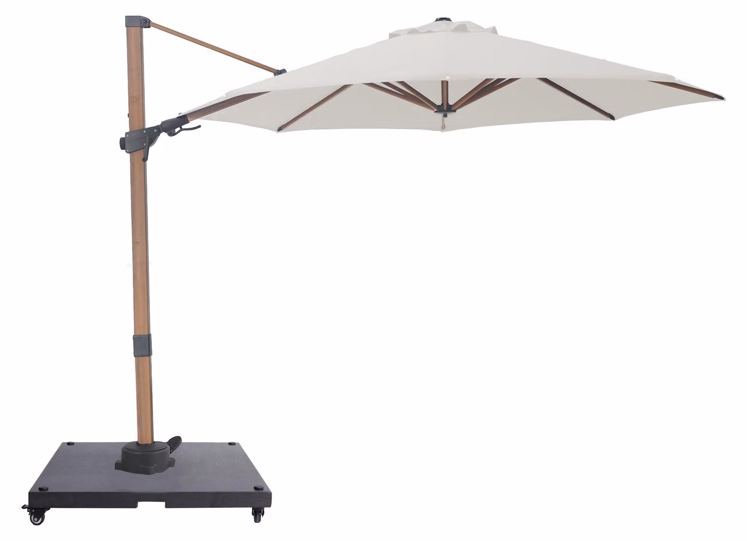 AXI Solis Ombrellone Decentrato rotondo 300x300 cm, effetto legno/beige | Da giardino/terrazza con struttura verniciata a polvere | Include base con
