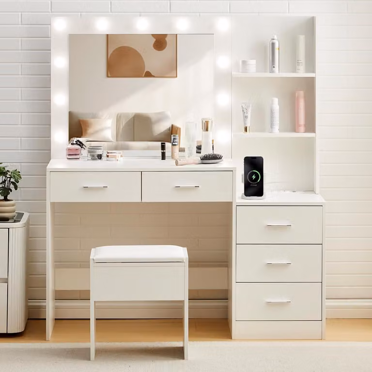 Comò da trucco con illuminazione, specchio, 5 cassetti, base di ricarica, colore bianco, dimensioni 120x40x140 cm