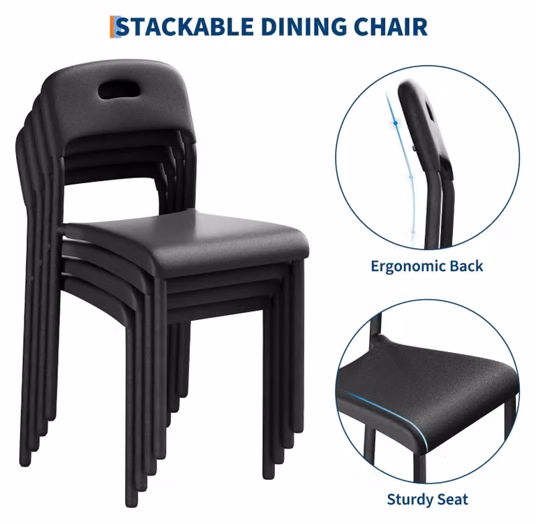 Set di 2 sedie da pranzo - Impilabili - In plastica - Schienale ergonomico - Senza braccioli - Montaggio semplice - Colore: nero