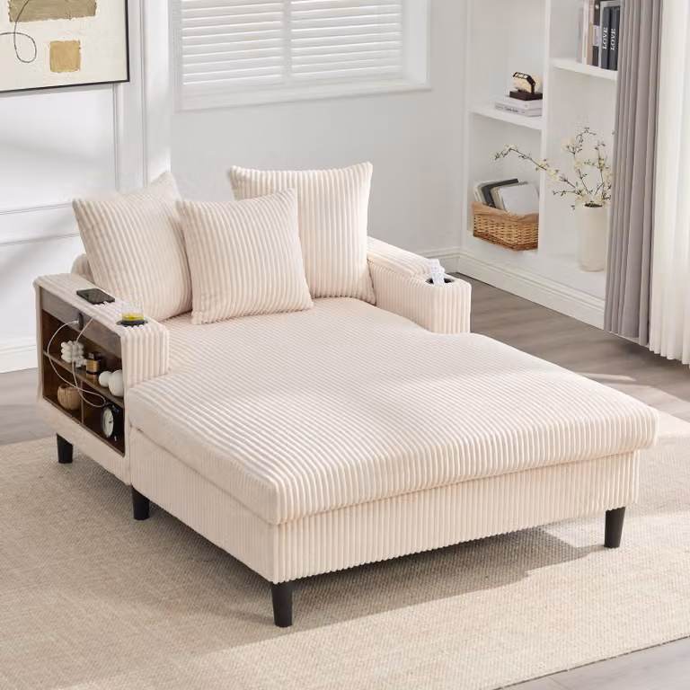 Divano letto LVHOM con luci LED e porte USB, chaise longue con portabicchieri e vano portaoggetti, ampio divano singolo con portata fino a 300 kg, 3 cuscini inclusi, 129x170 cm, beige