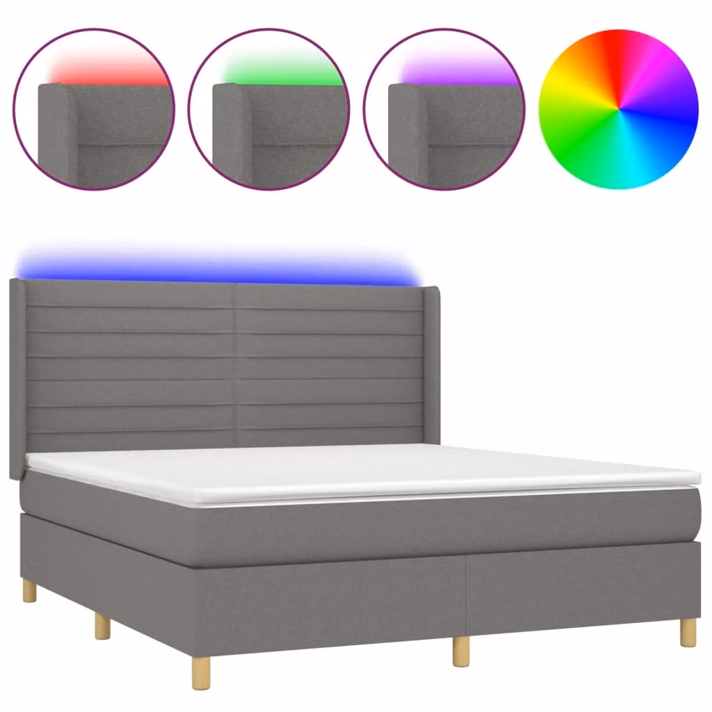 Letto a Molle Materasso e LED Grigio Scuro 160x200cm in Tessuto
