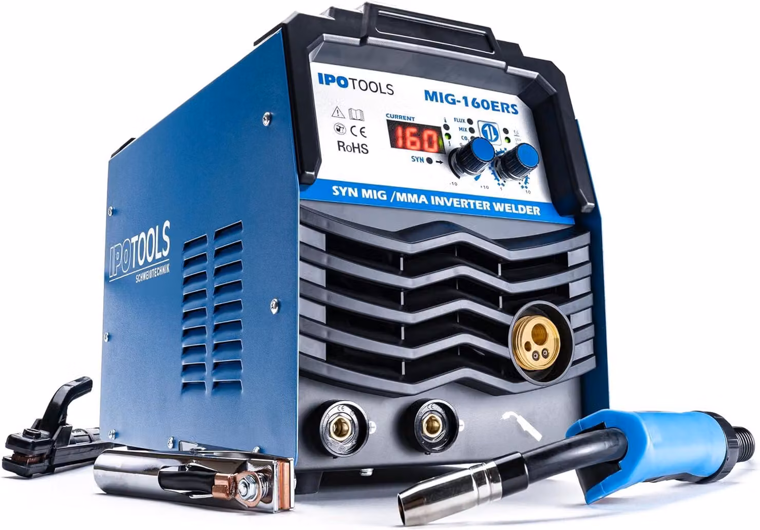 Apparecchio di saldatura multifunzione - Saldatrice 5-in-1 MIG/MAG, adatta per l'utilizzo con gas di protezione e filo di riempimento, con tecnologia inverter da 160 ampere e display digitale