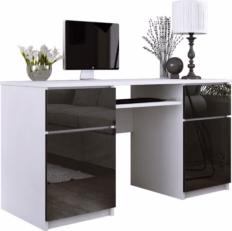 Scrivania: 2 cassetti, bianco opaco / nero lucido, 135 x 77 x 50 cm