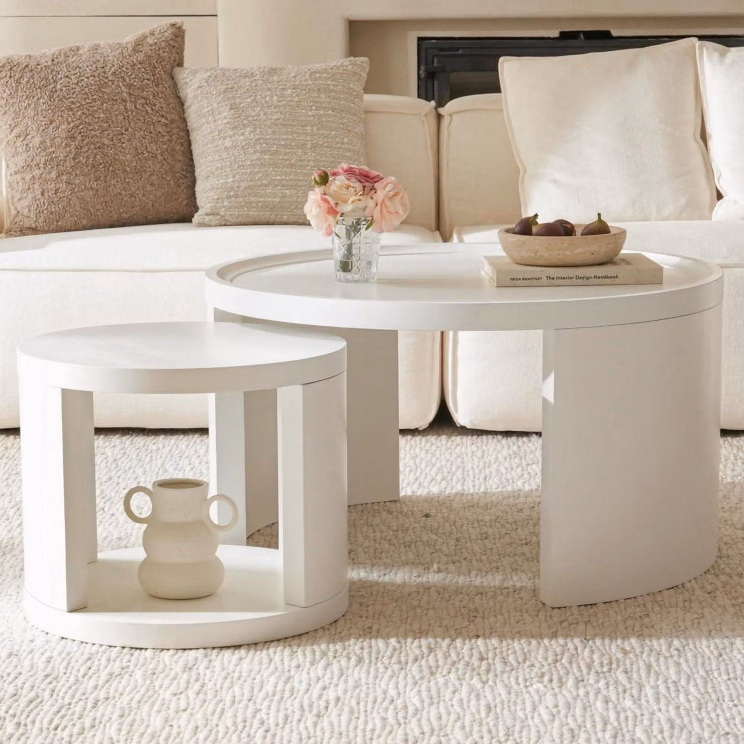 Set di tavolini da caffè rotondi, composto da 2 pezzi, diametro 80/46 cm, colore bianco, con bordo rialzato