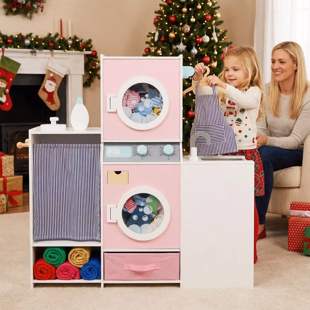 Set gioco lavanderia in legno per bambini rosa e multicolore con lavatrice, ferro da stiro, grucce e cassetto in tessuto – 2