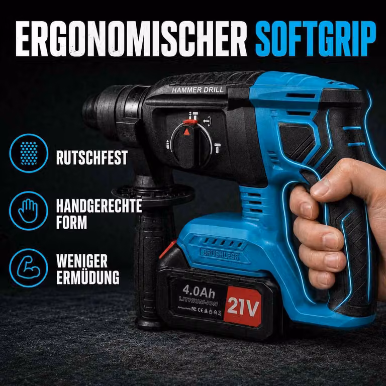 Trapano avvitatore a batteria AIORBER, 21V, brushless, combinato SDS Plus, con 2 batterie al litio da 4.0Ah, caricabatterie, set di punte e scalpelli, colore blu e nero