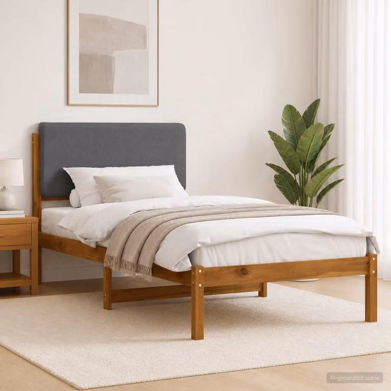 Letto con Testiera Rivestita vidaXL in Legno di Acacia e Tessuto, Colore Naturale e Grigio Chiaro, L/P/H: 140 x 80 x 200 cm