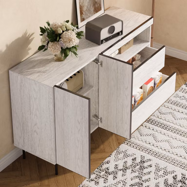 Credenza okwish con spazio contenitivo, mobile ausiliario con ante a doppia anta e due cassetti, armadio contenitore con ripiani aperti, bianco