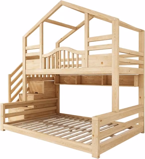 Letto a castello per bambini in legno massiccio, letti 90x200 e 140x200 con armadio a scala e ripiani, design naturale