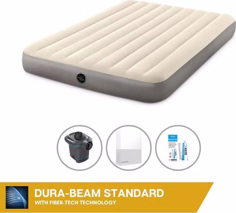 Letto gonfiabile Intex - 2 persone - 152 x 203 x 25 cm - Beige + pompa elettrica Intex - 650 litri/min + lenzuola bianche + kit di riparazione