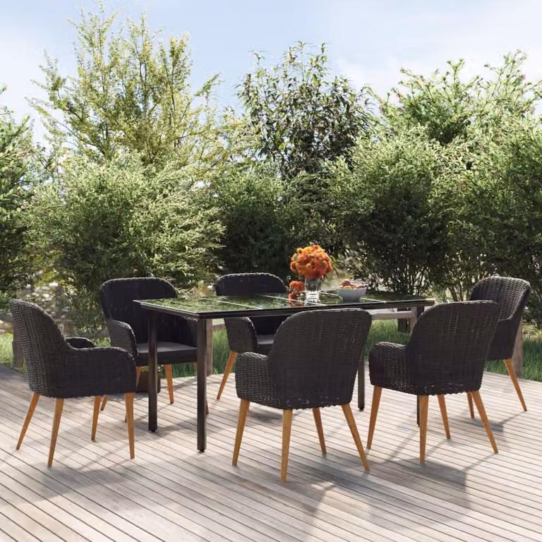 Set da pranzo da giardino vidaXL in legno di acacia e acciaio nero con cuscini grigi, 7 pezzi