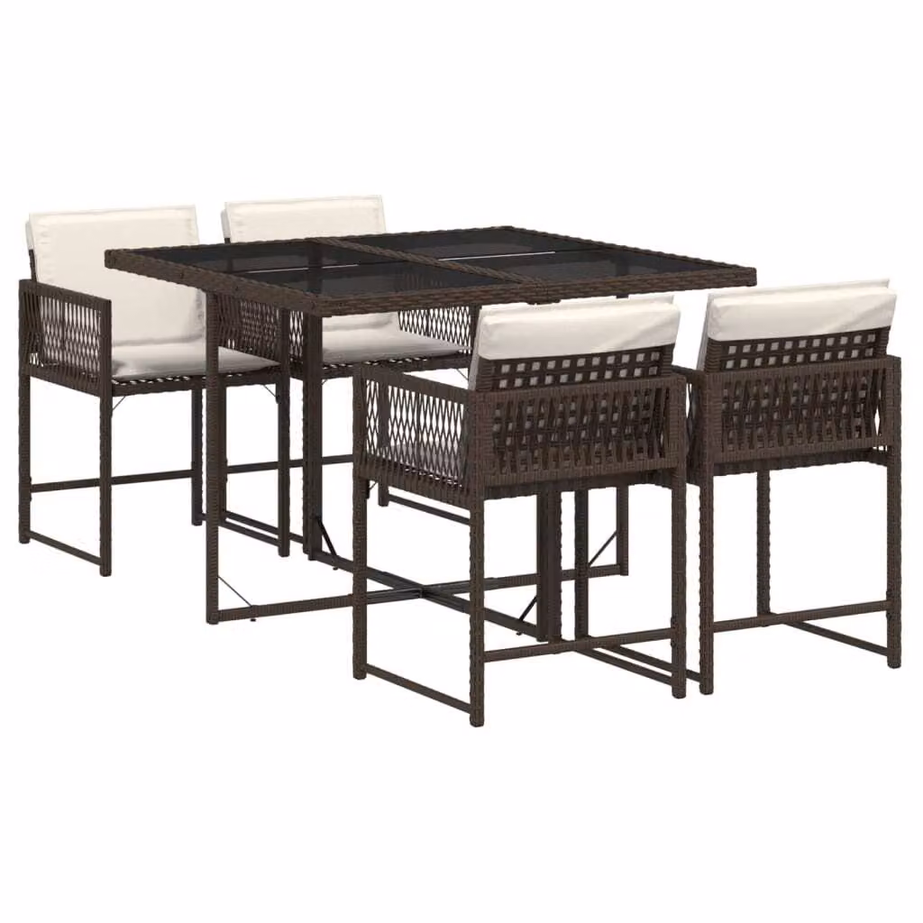 Set da Pranzo da Giardino 5pz con Cuscini in Polyrattan Marrone
