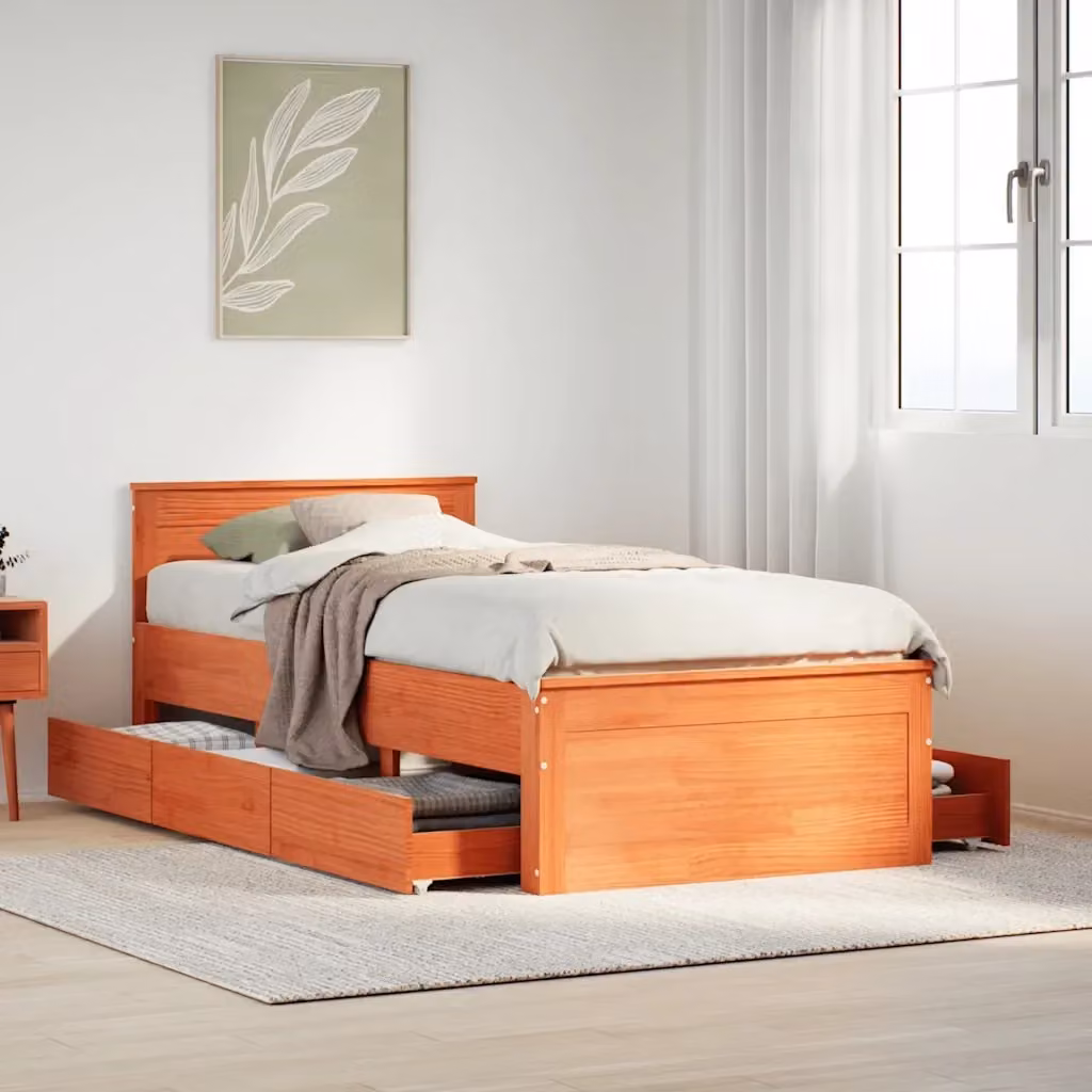 Letto singolo in legno di pino con testiera in stile rustico marrone cera e doghe piatte L/P/H: 190 x 90 x 75 cm – 2