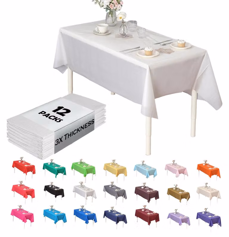 Confezione da 12 tovaglioli rettangolari in plastica resistente, dimensioni 140x270 cm, colore bianco, adatti per l'uso in giardino e in cucina