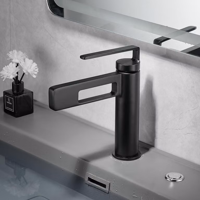 Miscelatore per lavabo, colore nero opaco, monoblocco, monocomando, design moderno