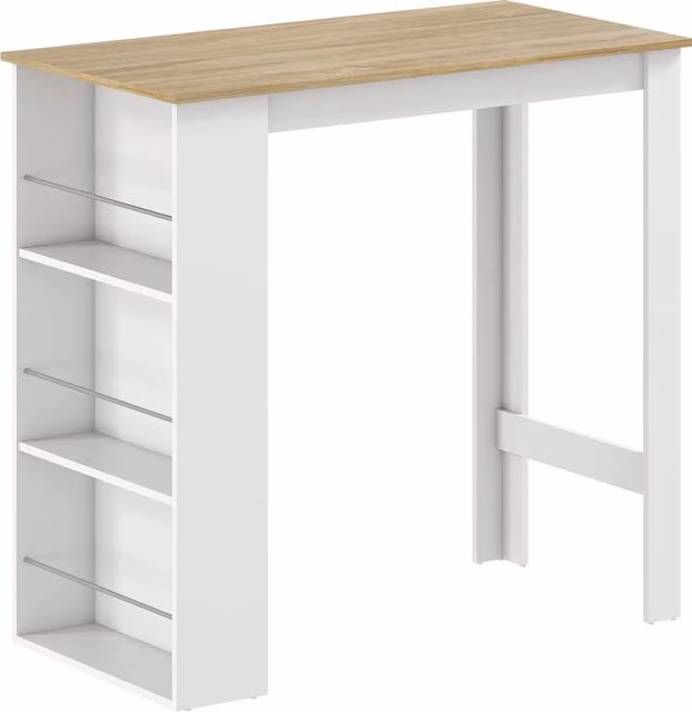 Tavolo da bar HOMCOM con 3 mensole e barre protettive in acciaio e legno, Bianco, L: 112 cm, P: 57 cm, H: 106 cm – 1