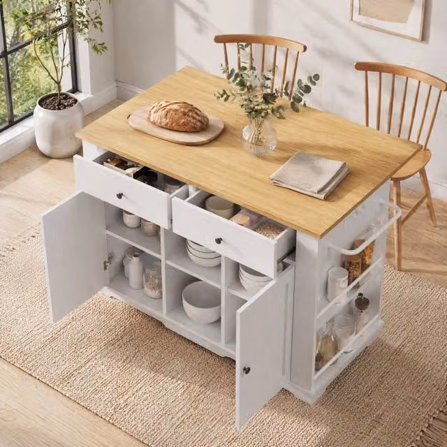 Isola da cucina mobile con piano pieghevole; prese e 2 cassetti; MDF e metallo; bianco/naturale