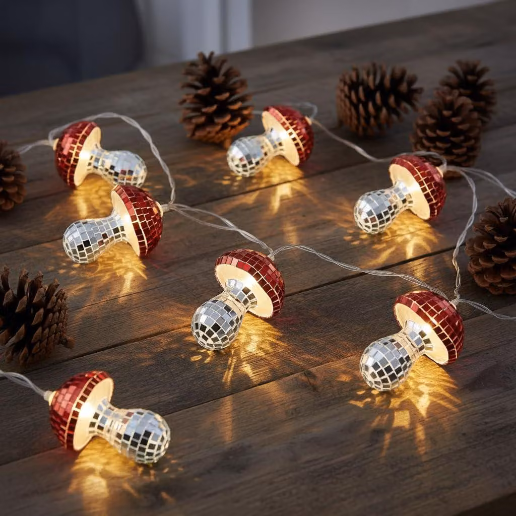 Catena luminosa a LED a forma di fungo, 1,6 metri, 10 luci, rosso/argento, per uso interno
