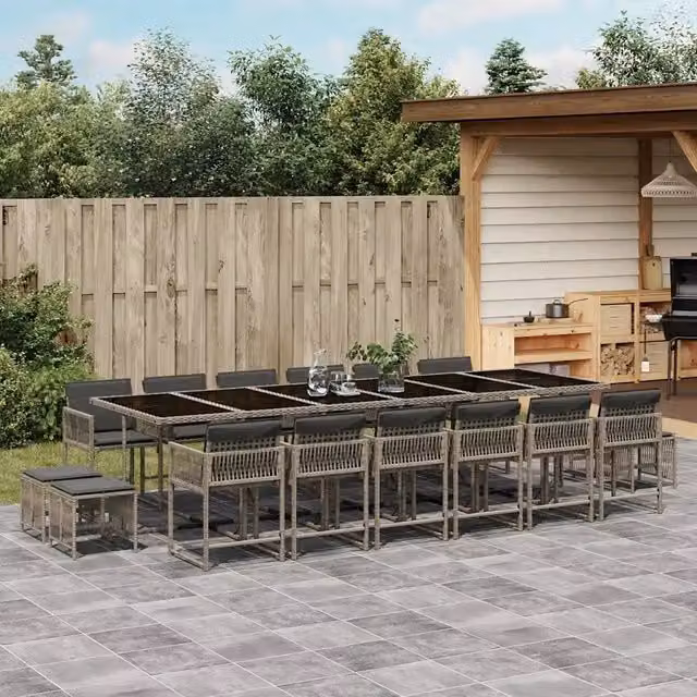 Set da pranzo da giardino vidaXL in polyrattan con cuscini grigi e nero, tavolo rettangolare con piano in vetro e struttura in metallo, 17 pezzi
