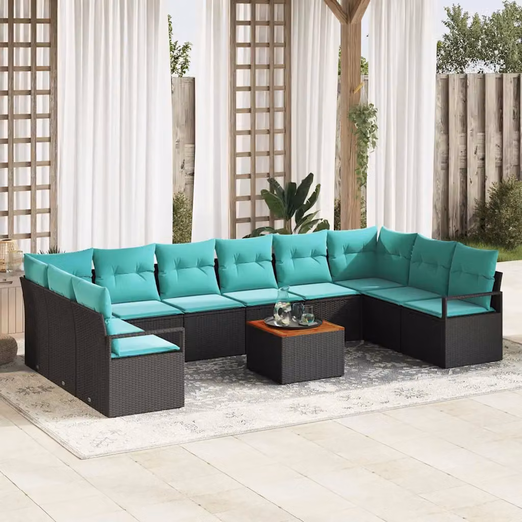 Set Divano da Giardino vidaXL 11 pz a Forma a U in Polyrattan Nero con Cuscini Turchesi e Tavolino da Esterno