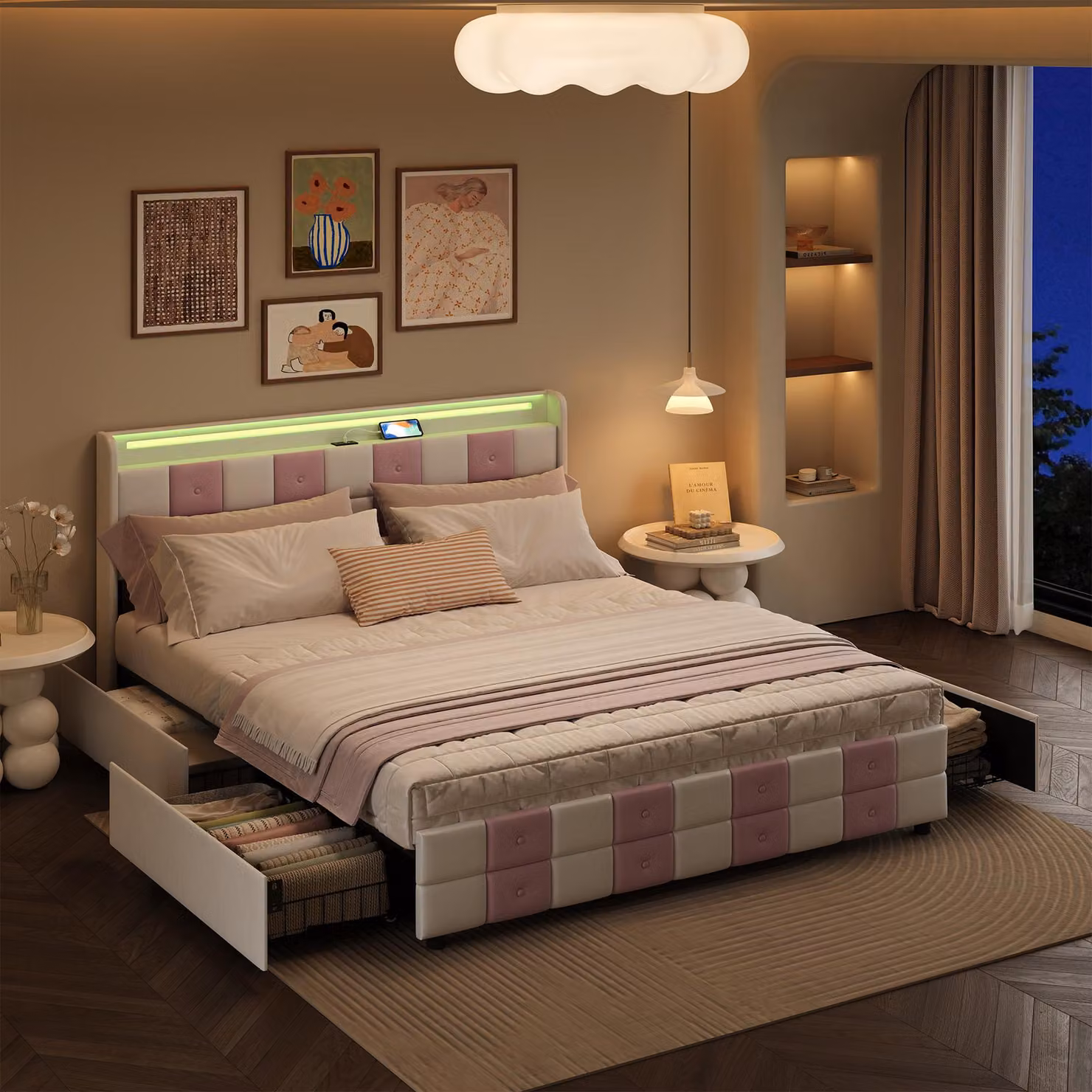 UnboxG Letto imbottito 140×190 cm con 4 cassetti - Velluto  testata a LED con 7 colori, porta di ricarica USB, ampio spazio di archiviazione, robusta struttura in metallo - Letto matrimoniale moderno
