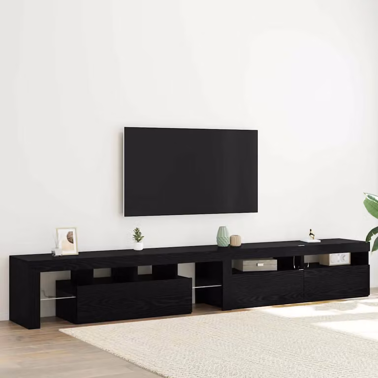 Mobile TV vidaXL moderno in legno ingegnerizzato e vetro, colore Rovere Nero, con illuminazione integrata e scomparti multimediali