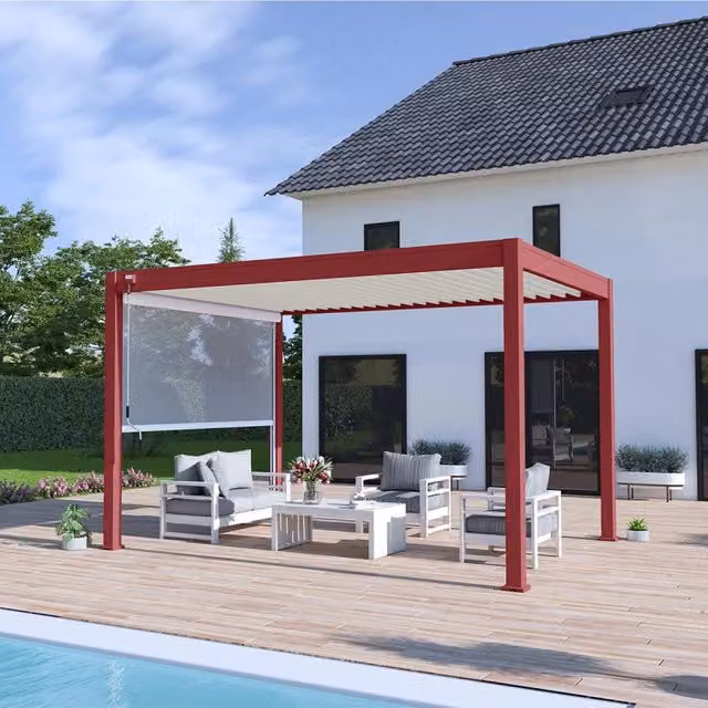 Pergola bioclimatica autoportante Ombréa® VS rossa con lame bianche 3x4 m