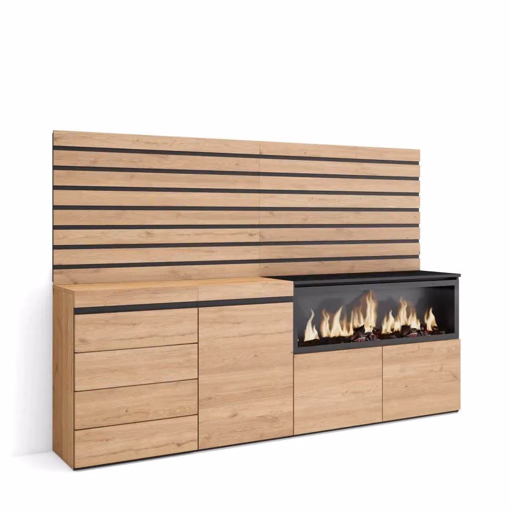 Credenza con Camino Elettrico XXL e Cassettiera SKRAUT HOME, Colore Rovere, L: 214 cm, P: 35 cm, H: 145 cm – 2