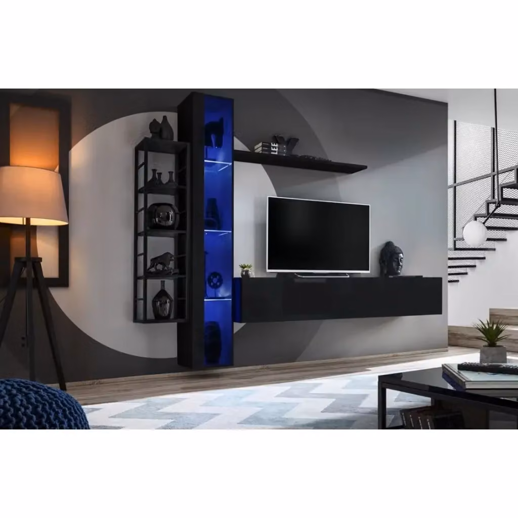 Vetrina sospesa Meublorama nera con porta in vetro e illuminazione LED integrata Collezione SWITCH L: 180 cm, P: 30 cm, H: 30 cm – 2