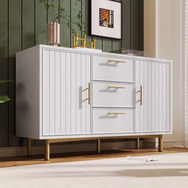 Credenza moderna in MDF bianco con dettagli oro per soggiorno, camera da letto o sala da pranzo, L: 120 cm, P: 40 cm, H: 75 cm – 1