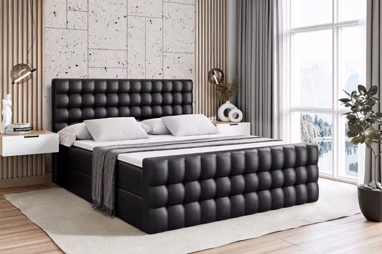 Letto boxspring ALTDECOR con materasso e rete a doghe - VIONE -Z - 200x200 cm - Pelle finta nera - Letto boxspring, pediera, topper, letto imbottito con contenitore, letto con contenitore H4 - Materasso, letto matrimoniale, letto boxspring