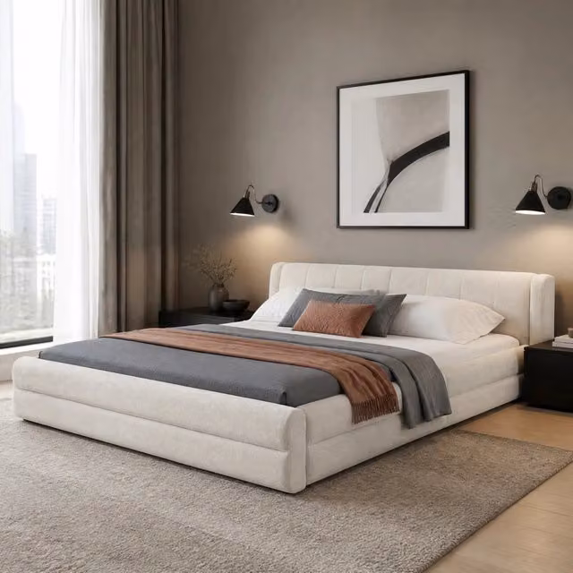 Letto matrimoniale 140x200 cm in ciniglia beige, testiera imbottita