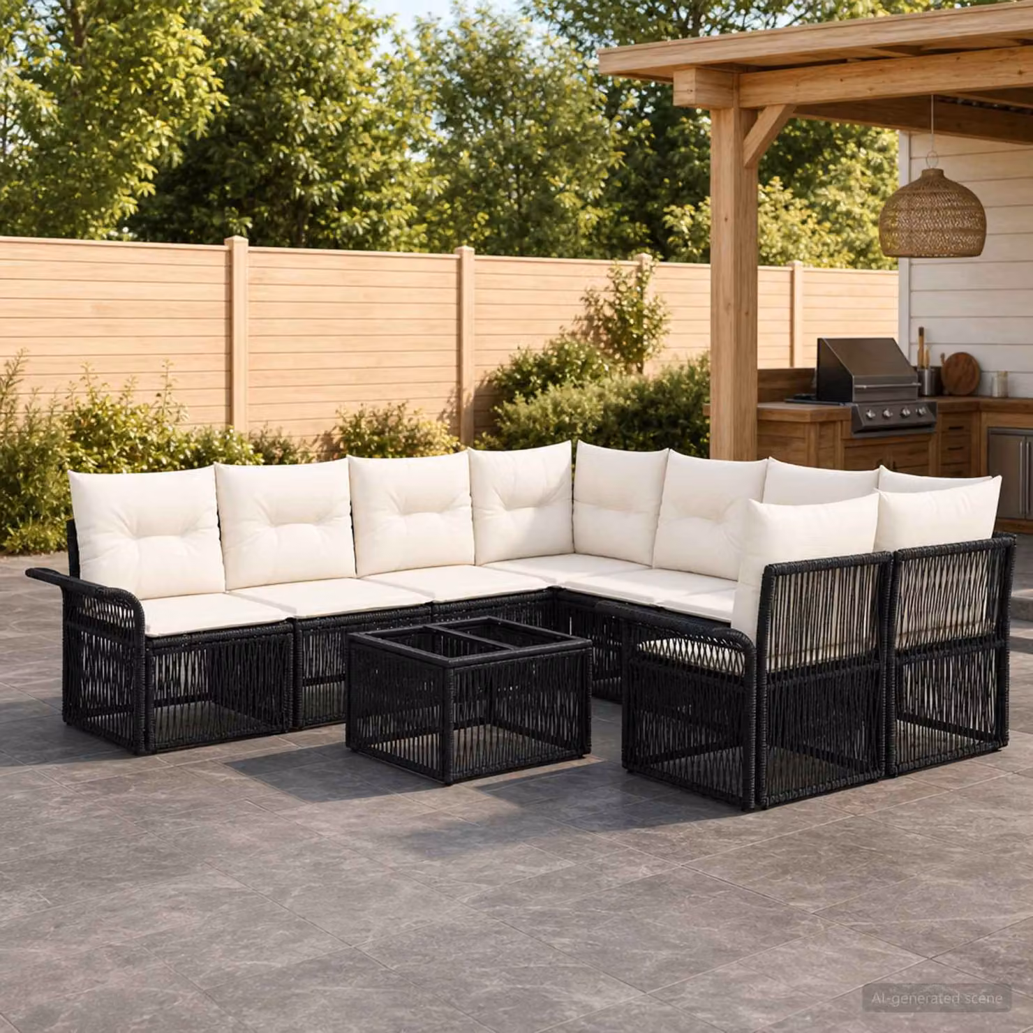 Set Divano da Giardino Moderno vidaXL a Forma a L con Tavolino da Caffè, 9 Pezzi, Nero