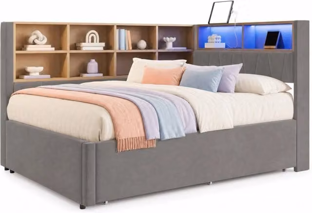 Letto multifunzione 140x200 cm con letto estraibile 90x190 cm; LED e porte USB-C; grigio scuro