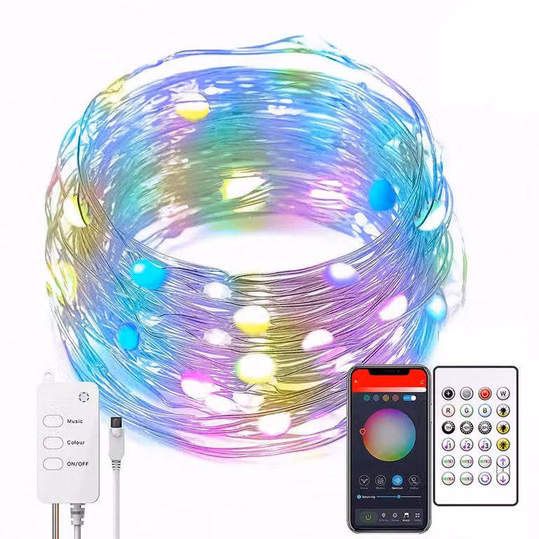 Catena luminosa LED, 15 metri, RGB, sincronizzazione con la musica, controllo tramite app, telecomando