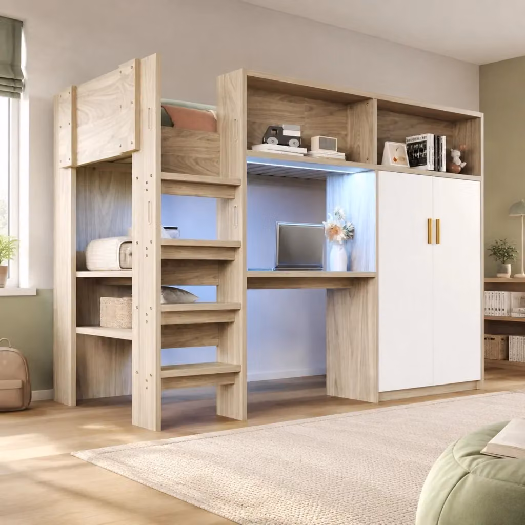 Letto a soppalco MIVRAY con scrivania, armadio, ripiani, illuminazione LED e scala, colore legno naturale, L/P/H: 200 x 90 x 165 cm – 2