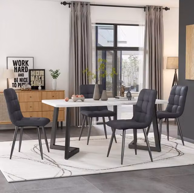 Set da pranzo con tavolo rettangolare 117cm e 4 sedie moderne con gambe nere e seduta in lino scuro