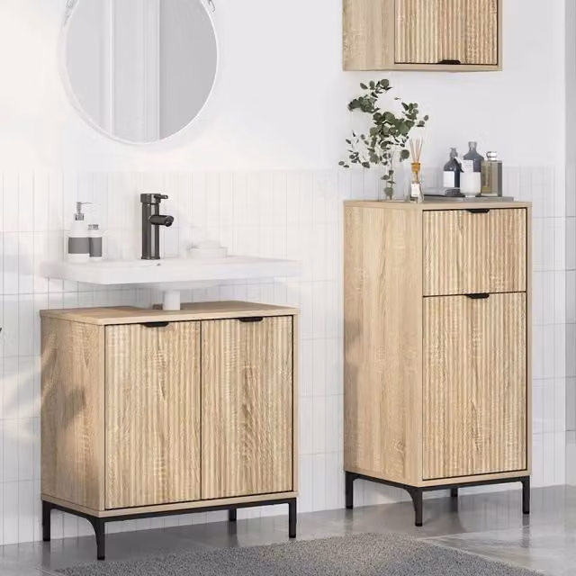 Set di mobili per il bagno moderno vidaXL in legno e metallo, 2 pezzi, marrone e beige, L/P/H: 60,5 x 35,5 x 88,0 cm