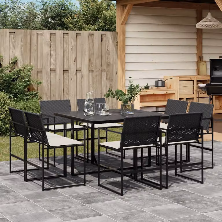 Set da Pranzo da Giardino vidaXL 9 pz in Polyrattan Nero con Cuscini e Piano in Vetro