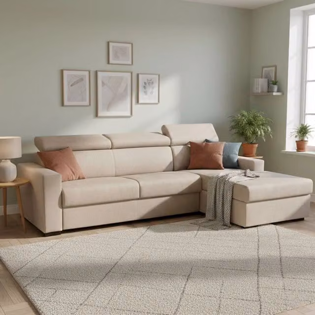 Divano Letto Allevatore Talamo Italia, Divano ad Angolo con Penisola Contenitore Destra, Made in Italy, Beige, L: 280 cm, P: 95 cm, H: 85 cm – 1
