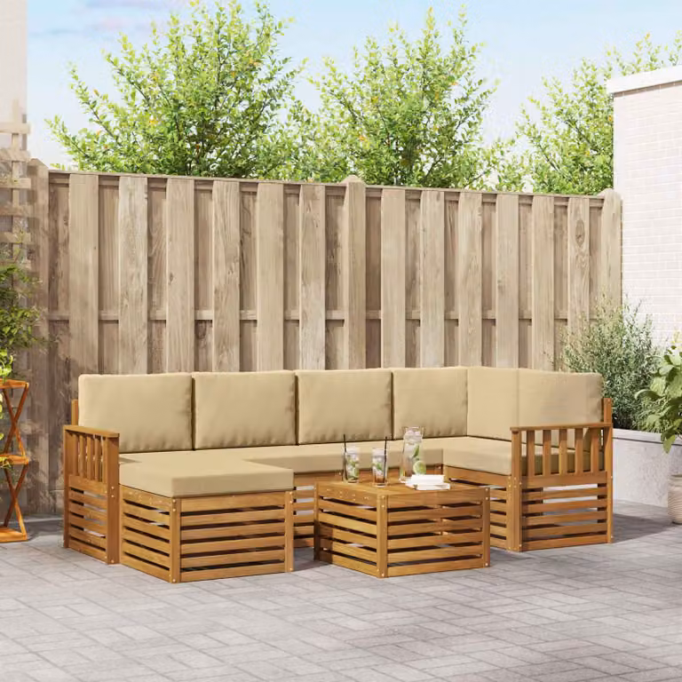 Set di divani da esterno vidaXL a forma di L composto da 7 pezzi in legno di acacia con cuscini, colore beige e marrone