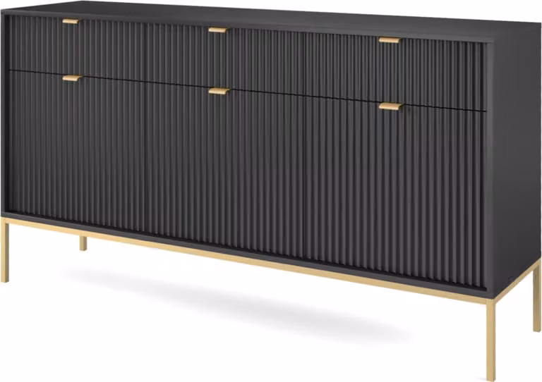 Cassettiera: 3 cassetti, 3 ante, nero, oro, 154 x 83 x 39 cm, maniglie dorate