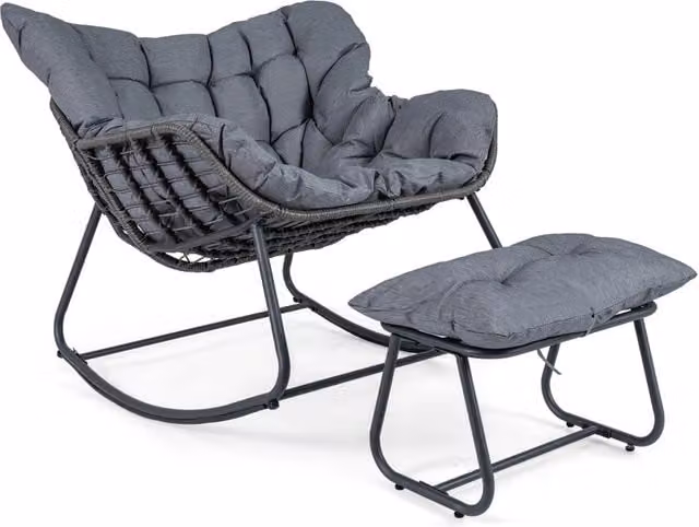 Sedia a dondolo in rattan da interno ed esterno portata 150 kg, Poltrona a dondolo con poggiapiedi e cuscini rimovibili Grigio