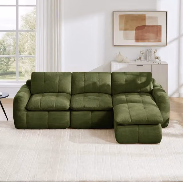 Divano modulare angolare 3 posti con pouf 264x160x68 cm in chenille verde