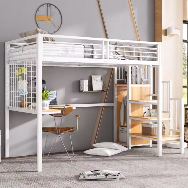 Letto a castello funzione scrivania e armadio in metallo e MDF bianco naturale 90x200 cm