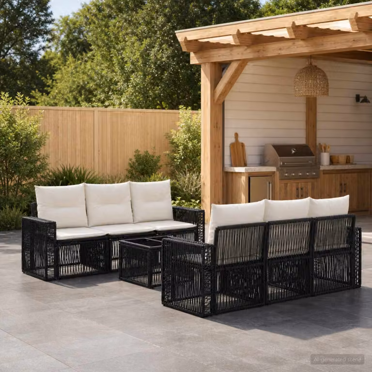 Set Divano da Giardino vidaXL 7 Pezzi in Polyrattan Nero con Cuscini e Tavolino a Forma di U