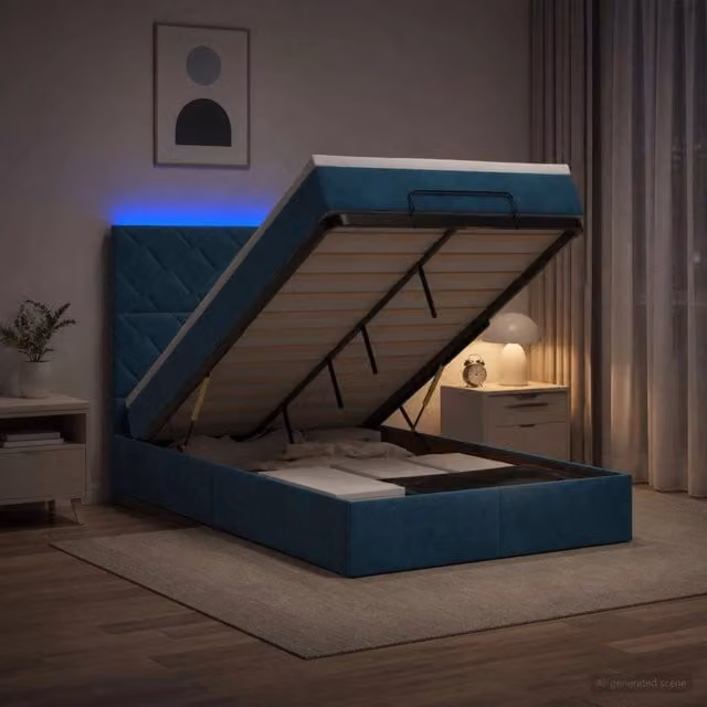 Letto Ottomano vidaXL in Velluto Blu con Materasso Ibrido e Illuminazione LED Sotto il Letto L: 120 cm, P: 200 cm, H: 193 cm – 1